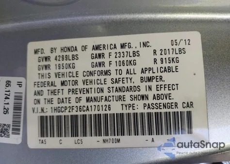 2012 Honda Accord 2.4 Lx z USA, uszkodzony, nr VIN 1HGCP2F36CA170126